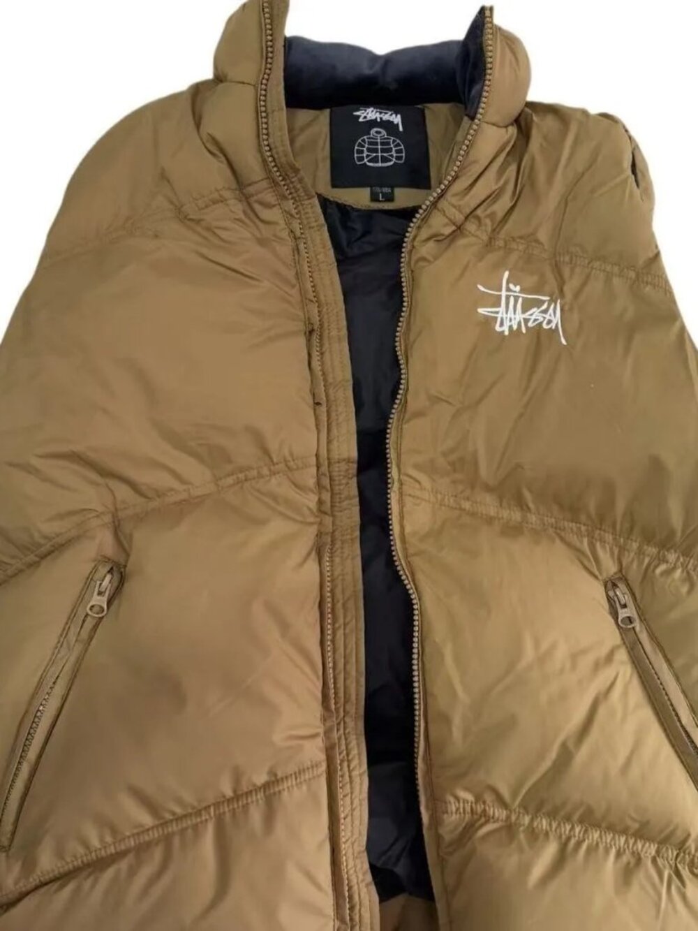 Stussy Brown Tan Puffer Vest Embroidered Logo Size L